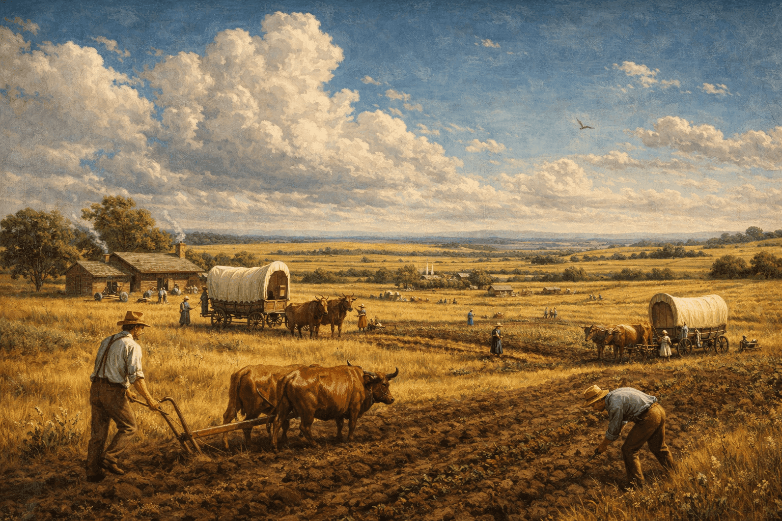 Pioneer settlers in Iowa's prairie landscape with covered wagons and farmland, capturing the 1846 era of westward expansion and statehood