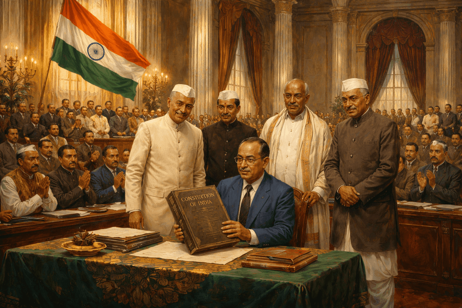 The signing of India's Constitution with Dr. B.R. Ambedkar and other founding members in formal session
