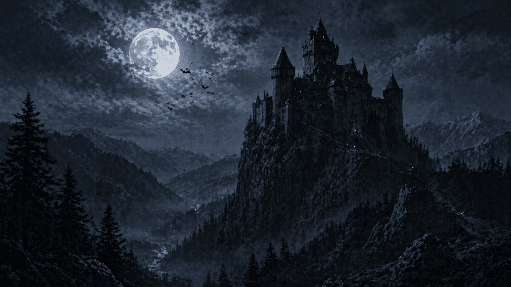 A moonlit gothic castle on a Transylvanian mountain crag with bats circling the tower against a stormy night sky