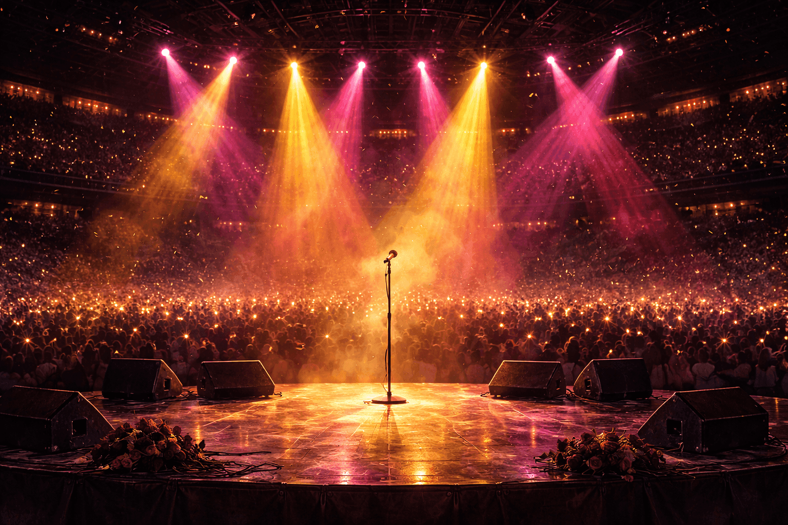 A vibrant Tejano music concert stage bathed in colorful lights with a sold-out crowd