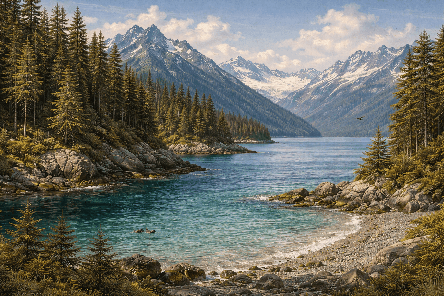 Historical illustration of pristine Alaskan coastline with mountains, forests, and Prince William Sound waters