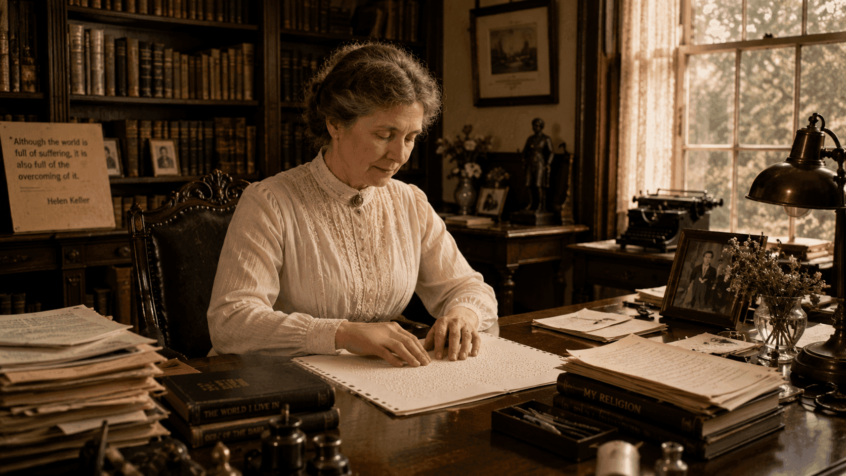 A woman reading braille at a desk surrounded by books and correspondence in a well-appointed early 20th-century study