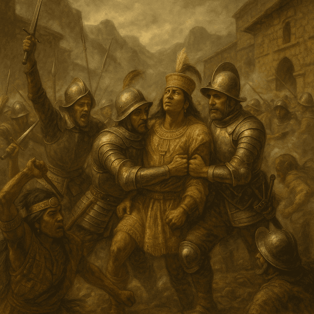 Spanish conquistadors confronting Incan Emperor Atahualpa