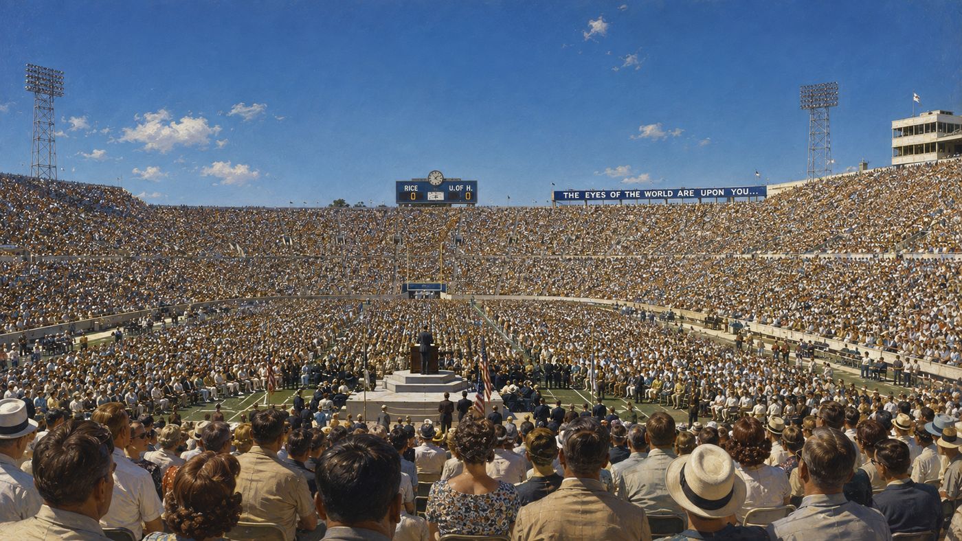 A packed outdoor stadium in Texas on a warm September afternoon, a speaker at a podium on a raised platform before tens of thousands of spectators