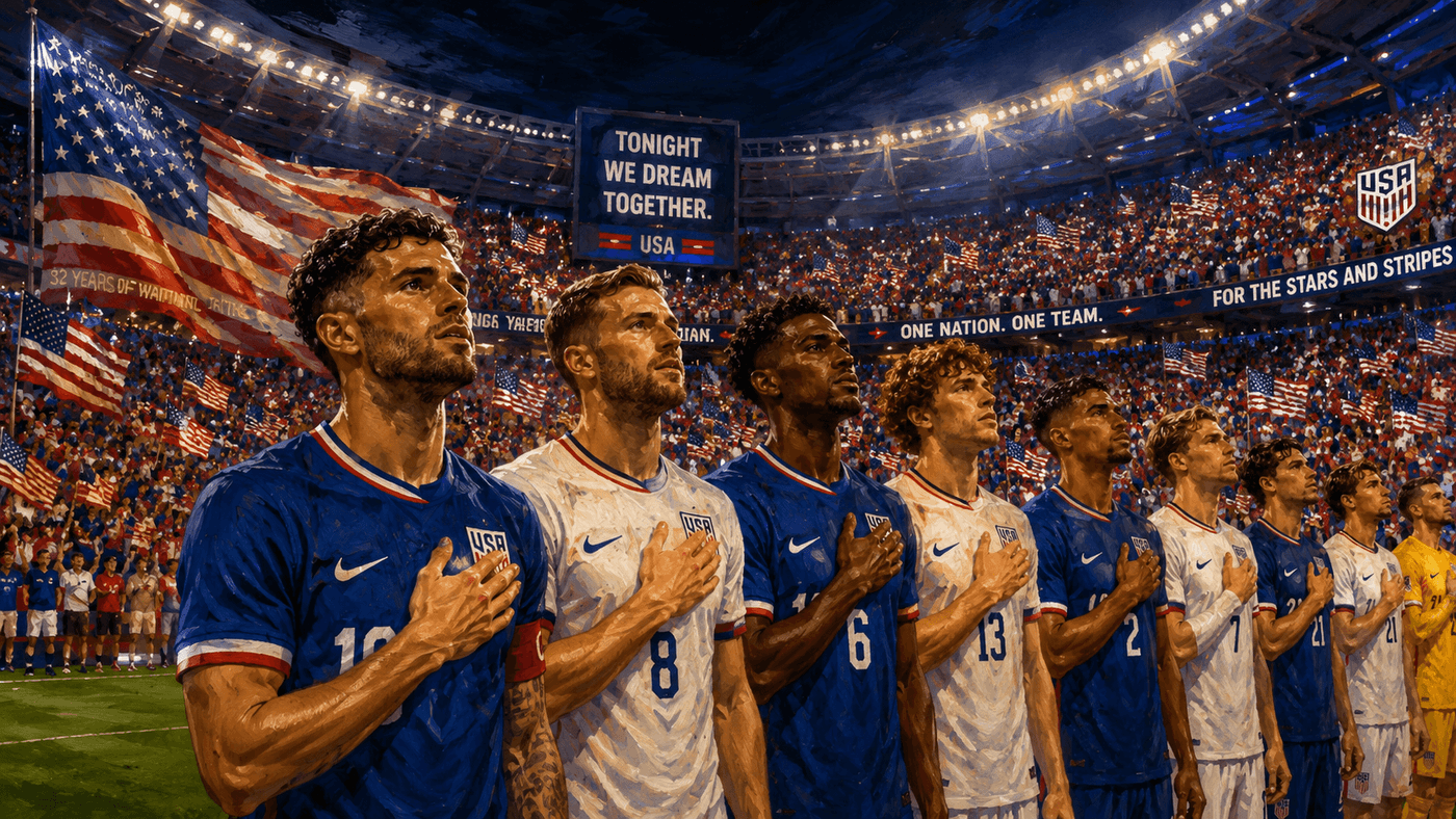 The U.S. Men's National Team lined up on the pitch before a World Cup match, a packed stadium behind them