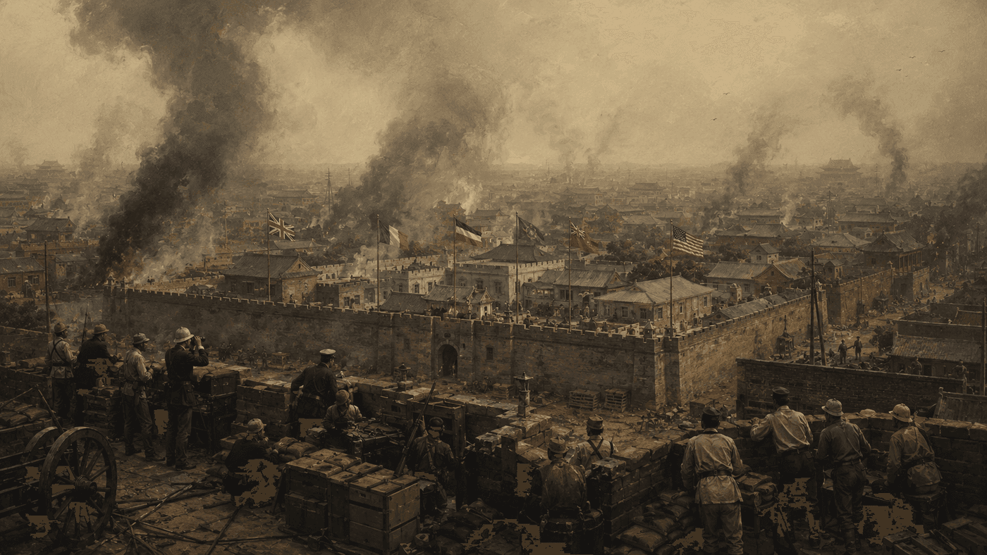 A walled diplomatic compound in a Chinese city in 1900 surrounded by smoke, with foreign flags visible above the rooftops