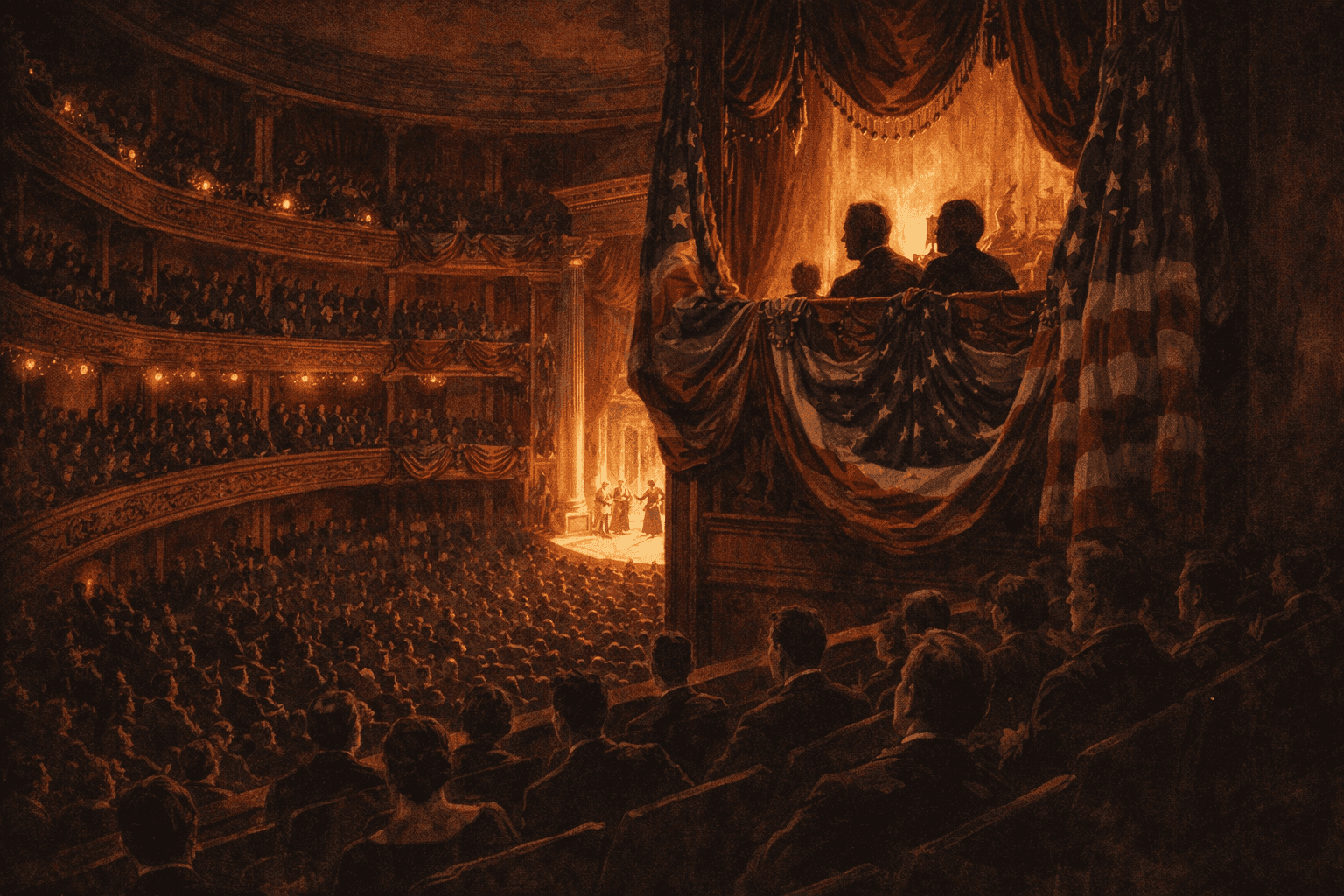 The interior of Ford's Theatre in Washington D.C. as it appeared in 1865 with the draped presidential box visible on the upper right