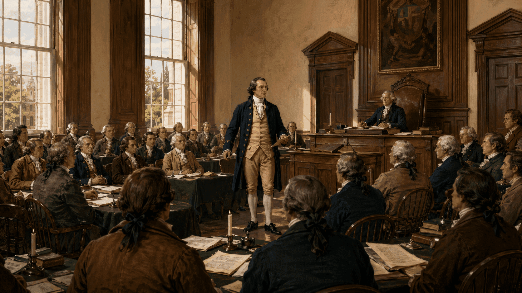 The interior of Independence Hall in Philadelphia with colonial-era furnishings and delegates gathered around a central table