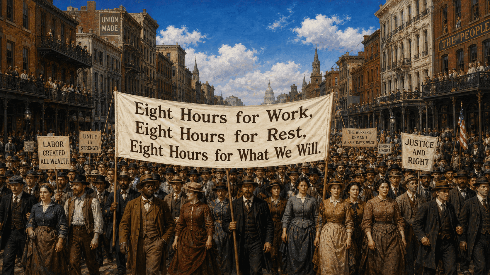 Historical illustration evoking the massive labor march up Michigan Avenue in Chicago on May 1, 1886, the origin of International Workers' Day