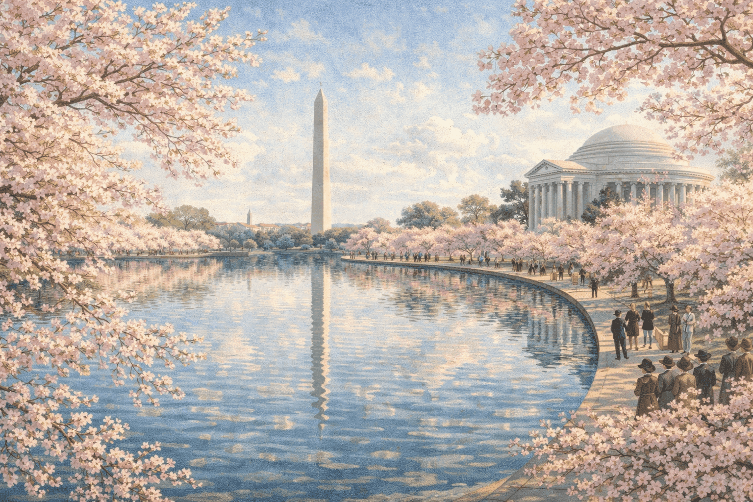 Historical illustration of Washington D.C. Tidal Basin with cherry trees in bloom and monuments visible