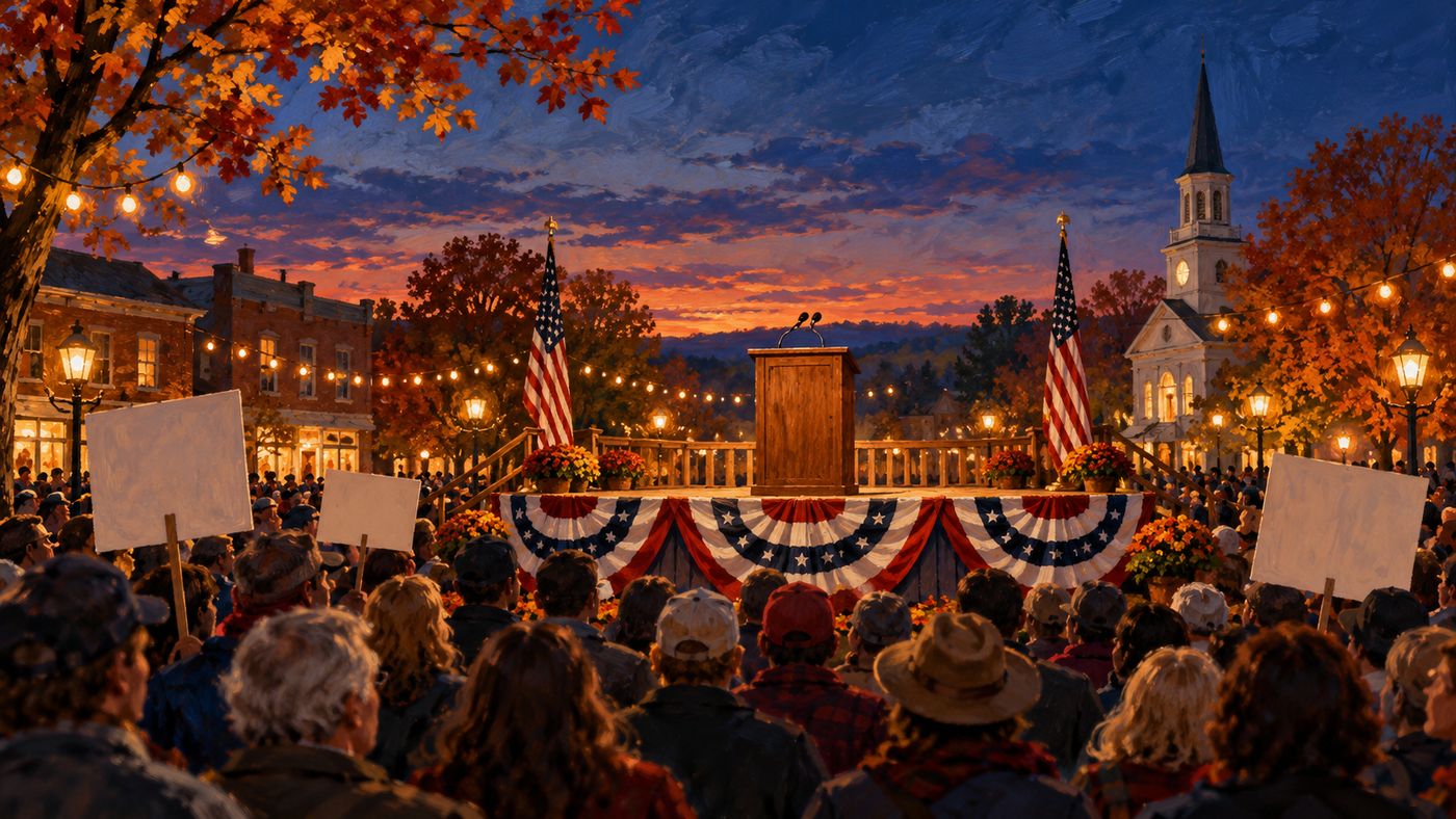 A crowd gathered around an empty campaign podium draped in red, white, and blue bunting on an autumn evening