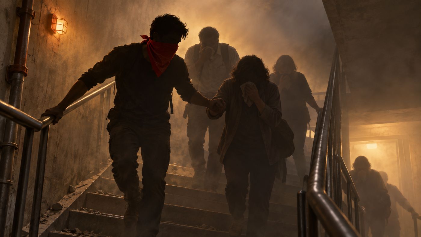A young man wearing a red bandana over his face guiding people through a smoke-filled stairwell