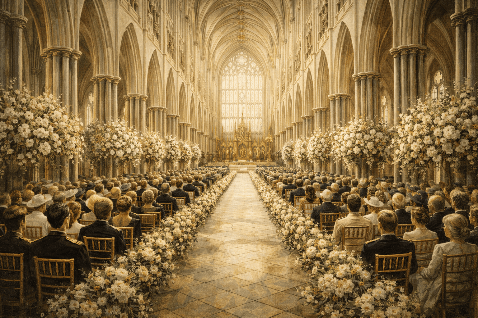 The ornate Gothic interior of Westminster Abbey filled with flowers and guests for a grand ceremonial occasion