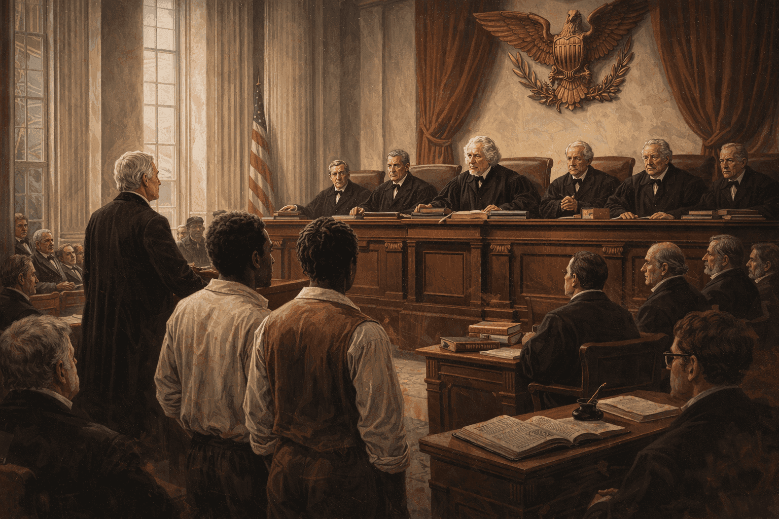 Historical illustration of 1840s Supreme Court chamber with justices deliberating the Amistad case