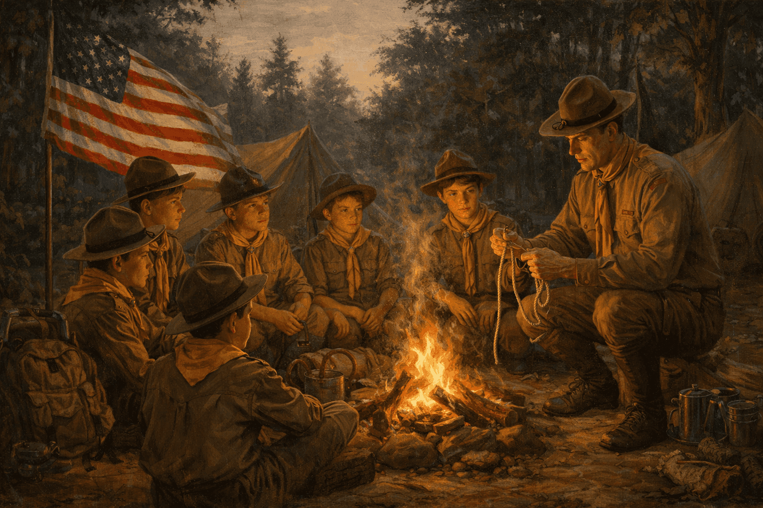 Early Boy Scouts in 1910s uniforms learning outdoor skills around a campfire with American flag visible