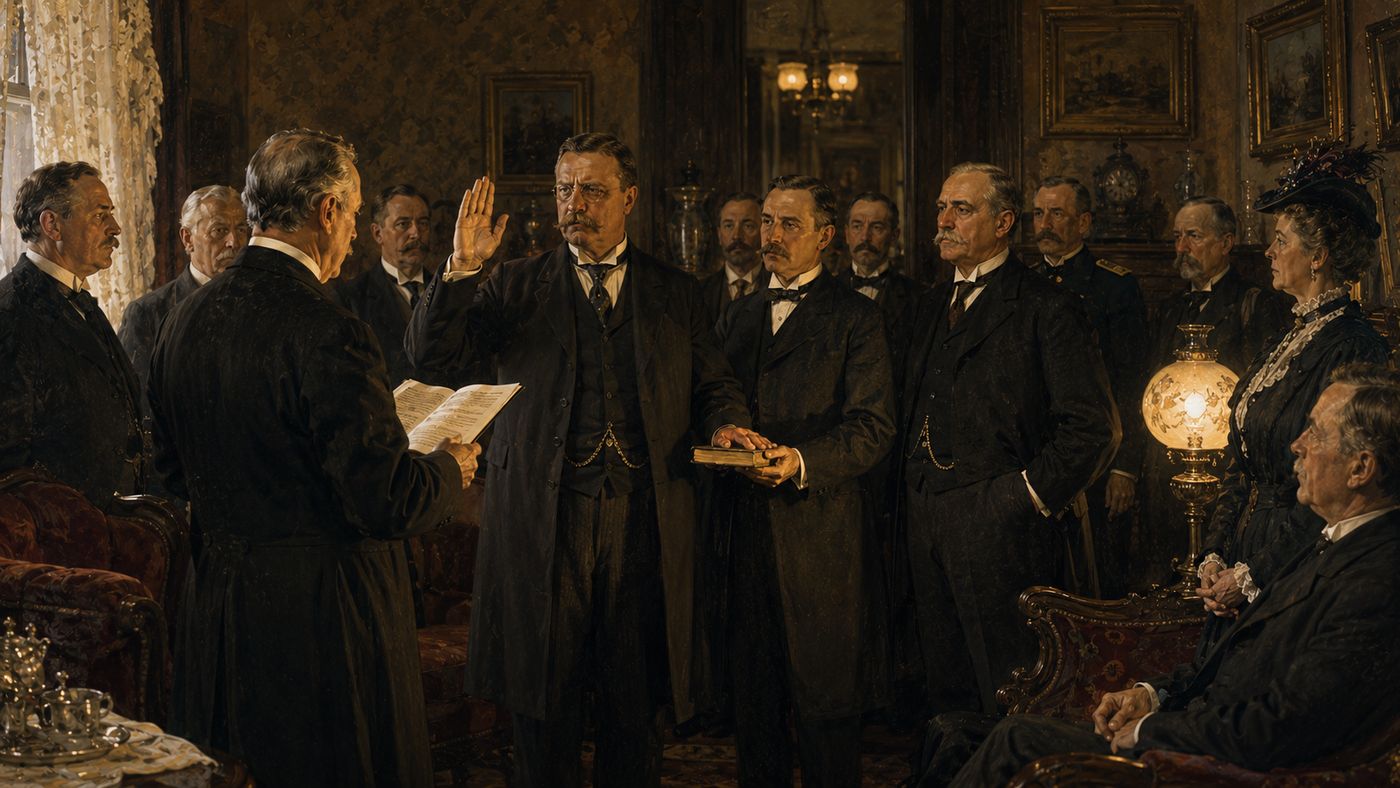 A formal Victorian parlor in a private Buffalo home, suited officials and witnesses gathered as a man takes the oath of office before a judge