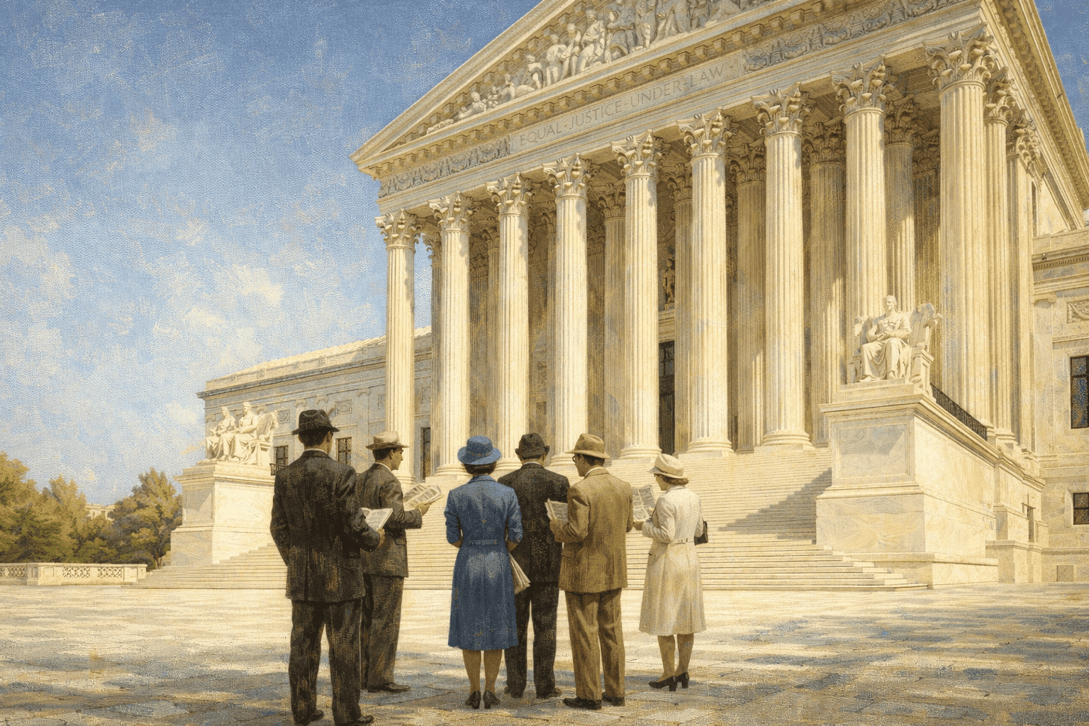 The exterior of the United States Supreme Court building in Washington D.C. on a sunny day with its iconic marble columns