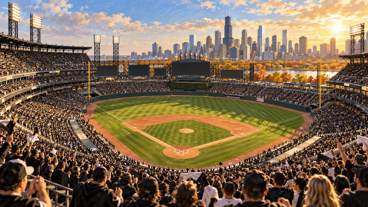 A packed baseball stadium with fans dressed in black under bright afternoon sun during a playoff game