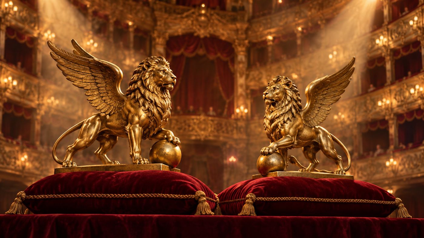 Two golden lion trophies displayed on red velvet at an elegant film festival ceremony