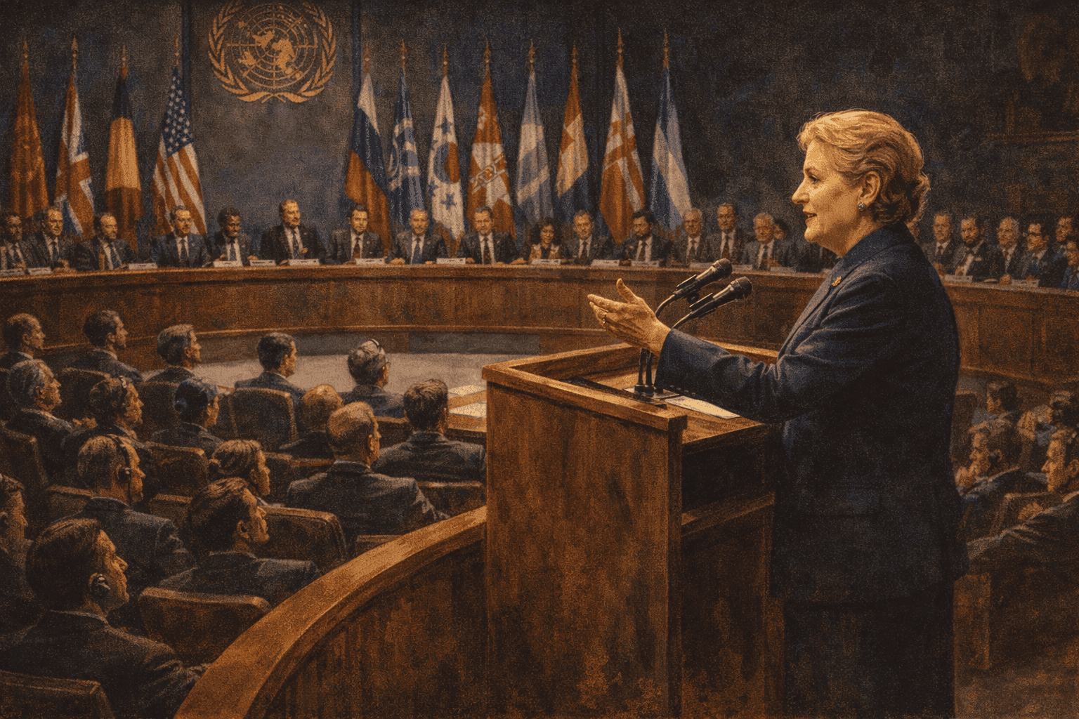 A woman diplomat in a formal suit addressing delegates at a United Nations Security Council session in the 1990s
