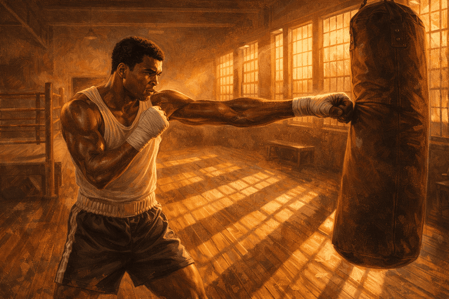 A boxer in full training gear shadowboxing in a gym with the late afternoon light streaming through high windows