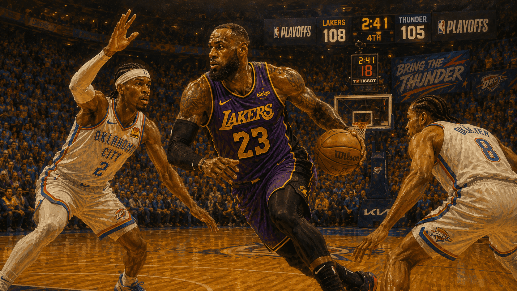 LeBron James driving to the basket in a Lakers playoff game, his 21st postseason, against the Oklahoma City Thunder