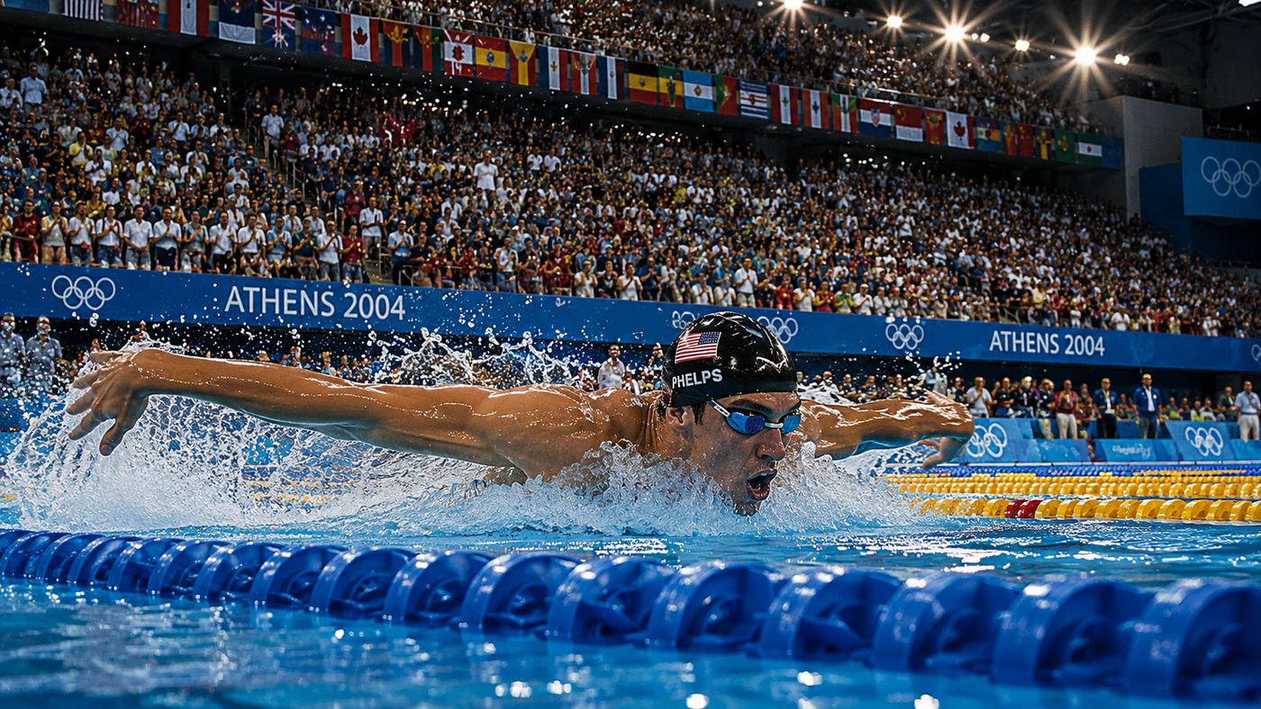 An Olympic swimming pool during a major international competition, a swimmer mid-stroke in a lane, the packed stands and colorful flags of competing nations visible above
