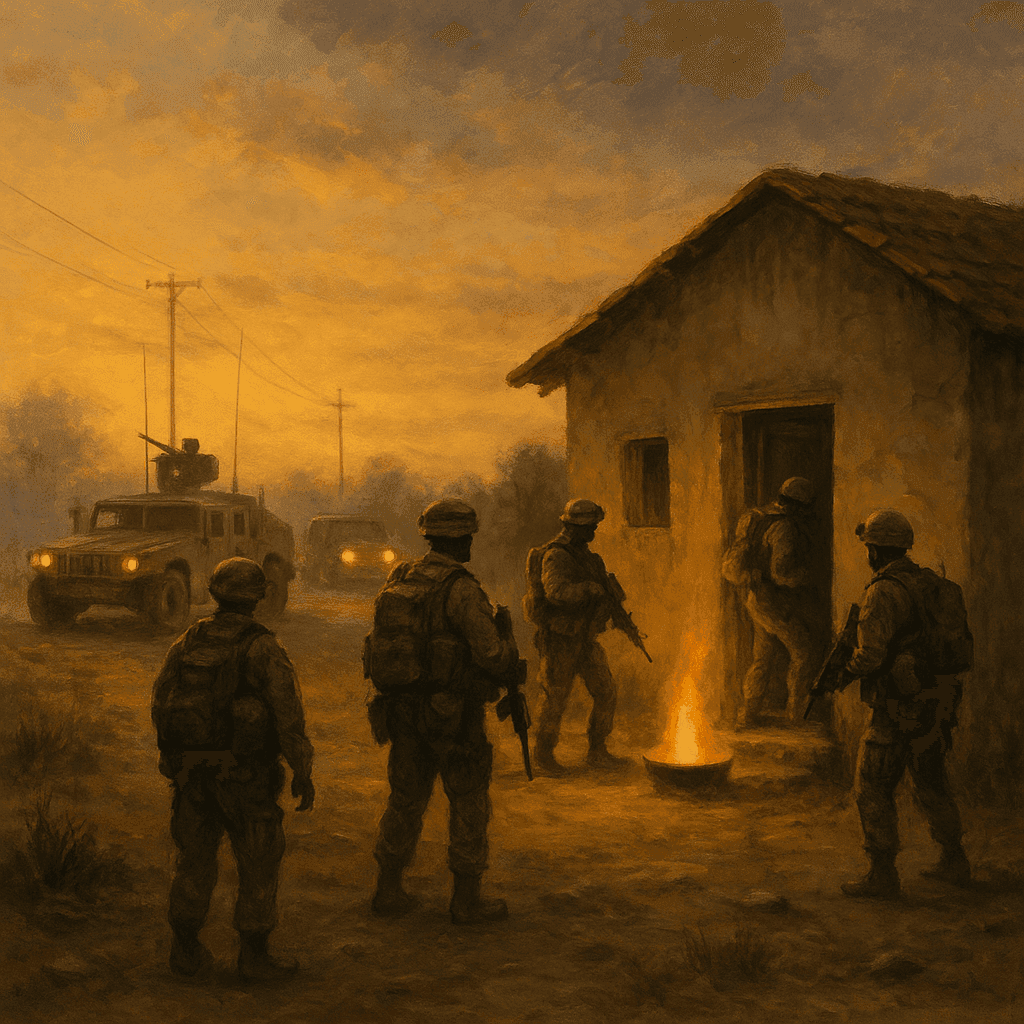 U.S. soldiers conducting the search operation near a farmhouse in rural Iraq, with military vehicles and equipment visible in the dusty landscape