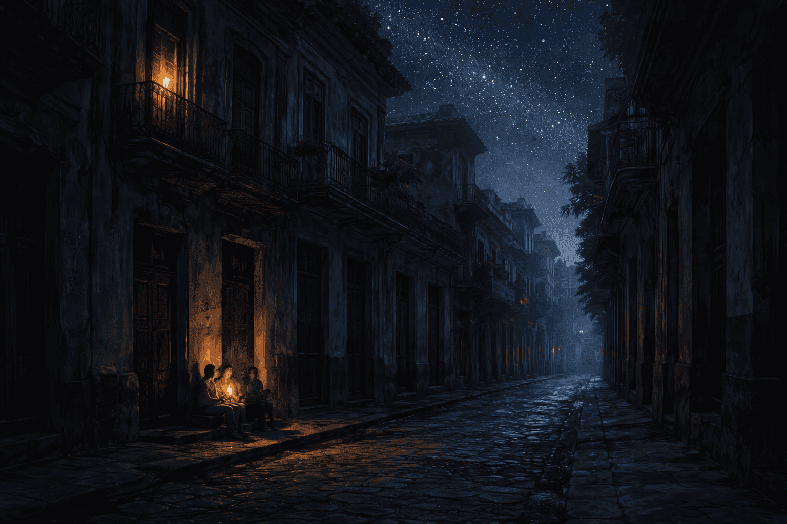 A darkened street in Havana at night, with a single candle glowing in a window and the faint silhouette of the city's colonial architecture visible under a star-filled sky