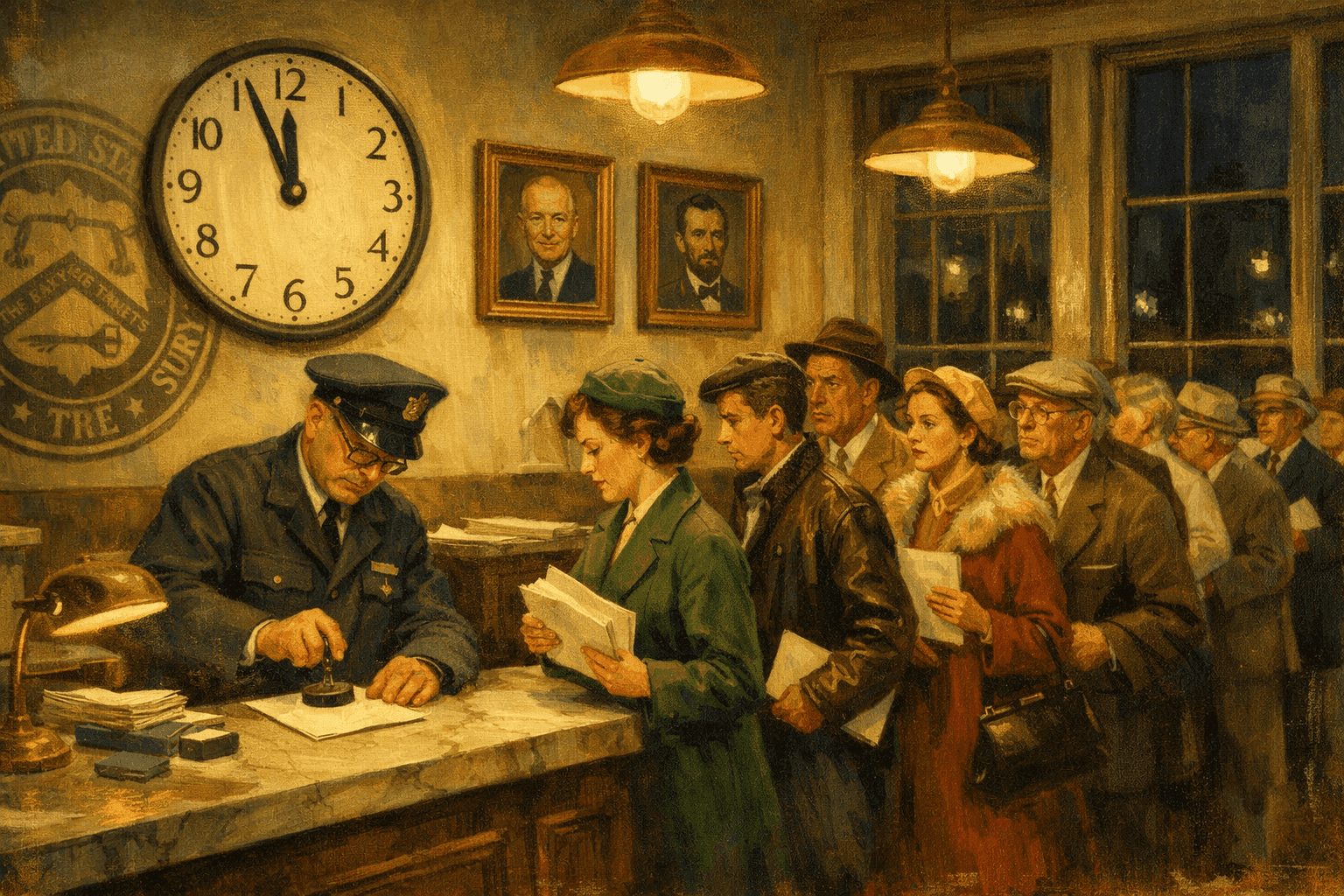 Historical illustration of Americans filing income tax returns, evoking the early days of the federal income tax