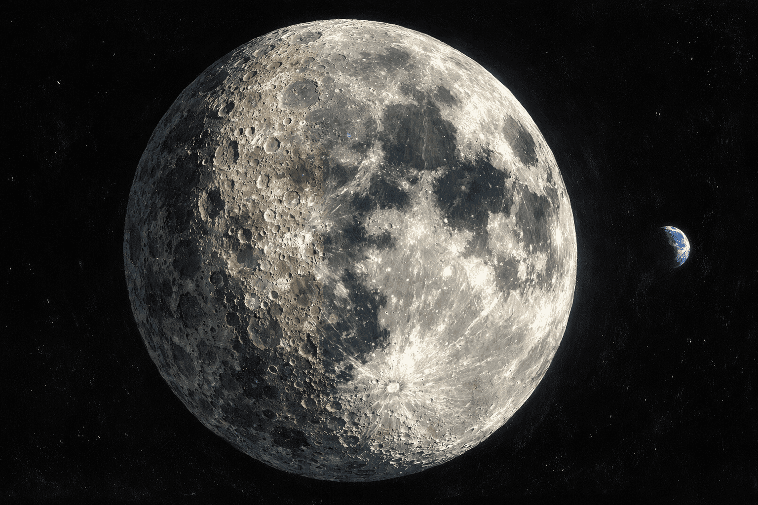 The full Moon seen from deep space at close range, its entire disc visible including craters and the gray-white terrain of both the near and far sides, with the curved blue arc of Earth visible at the edge of the frame