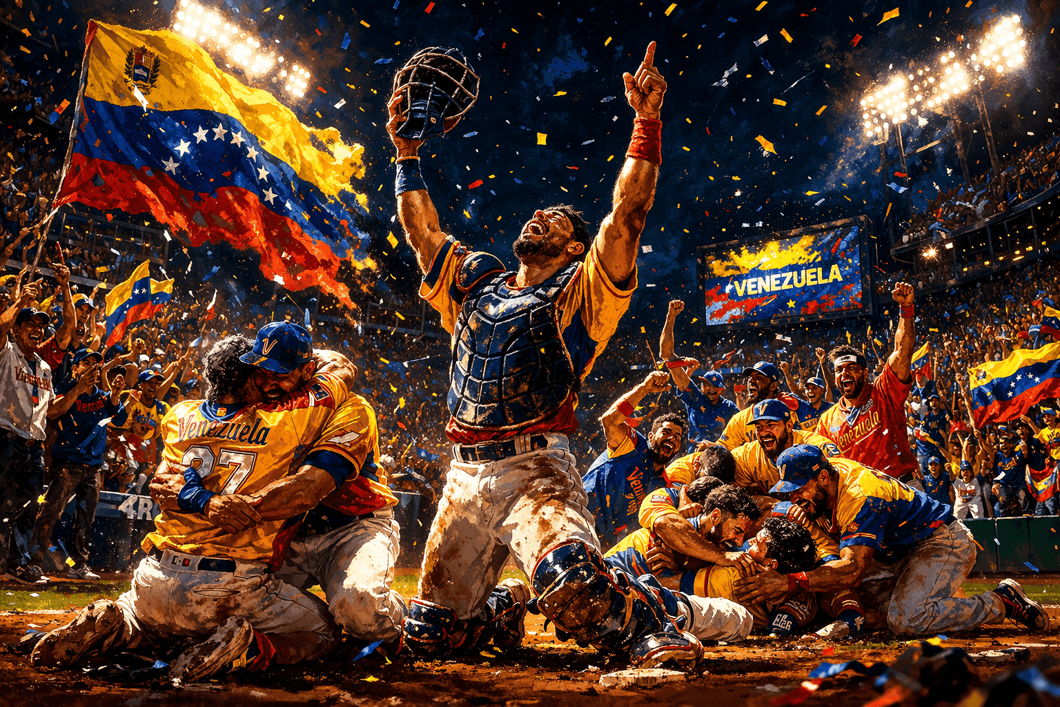 Venezuelan baseball players celebrating on a field at night, arms raised, gold medals around their necks, fans waving yellow, blue and red flags in the stands behind them