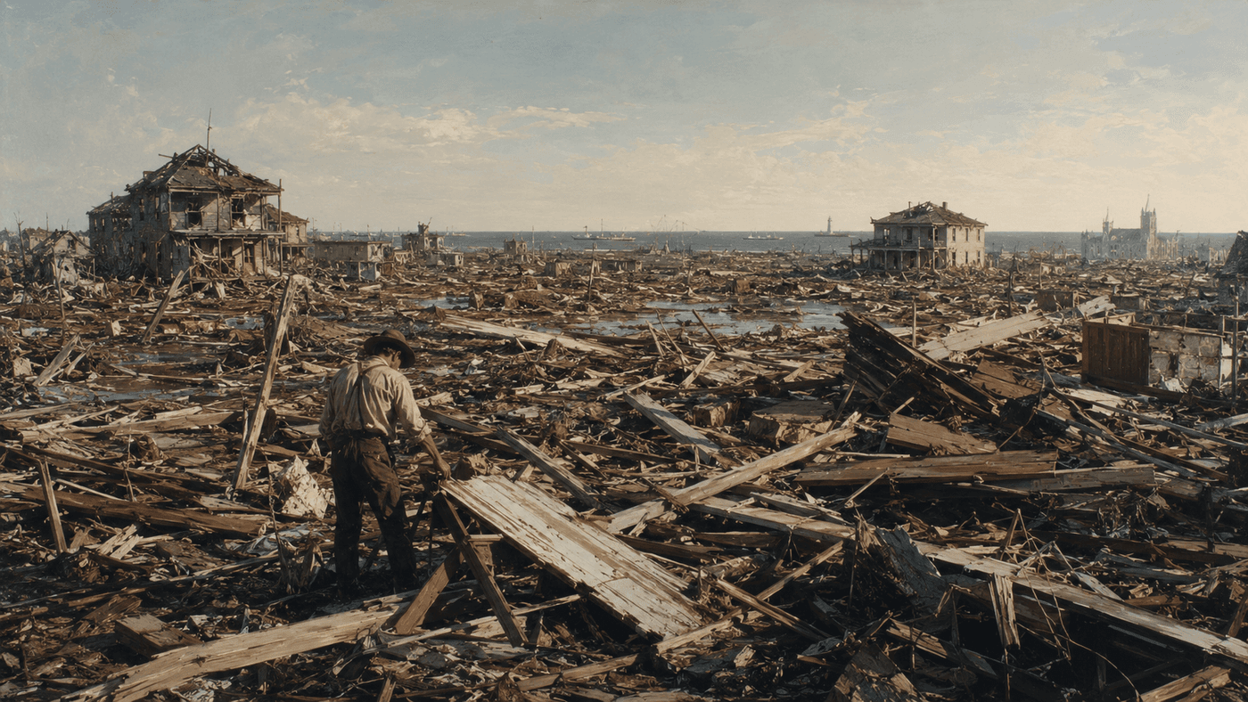 Historical photograph of Galveston, Texas in ruins after the catastrophic 1900 hurricane, with debris-strewn streets and collapsed buildings as far as the eye can see