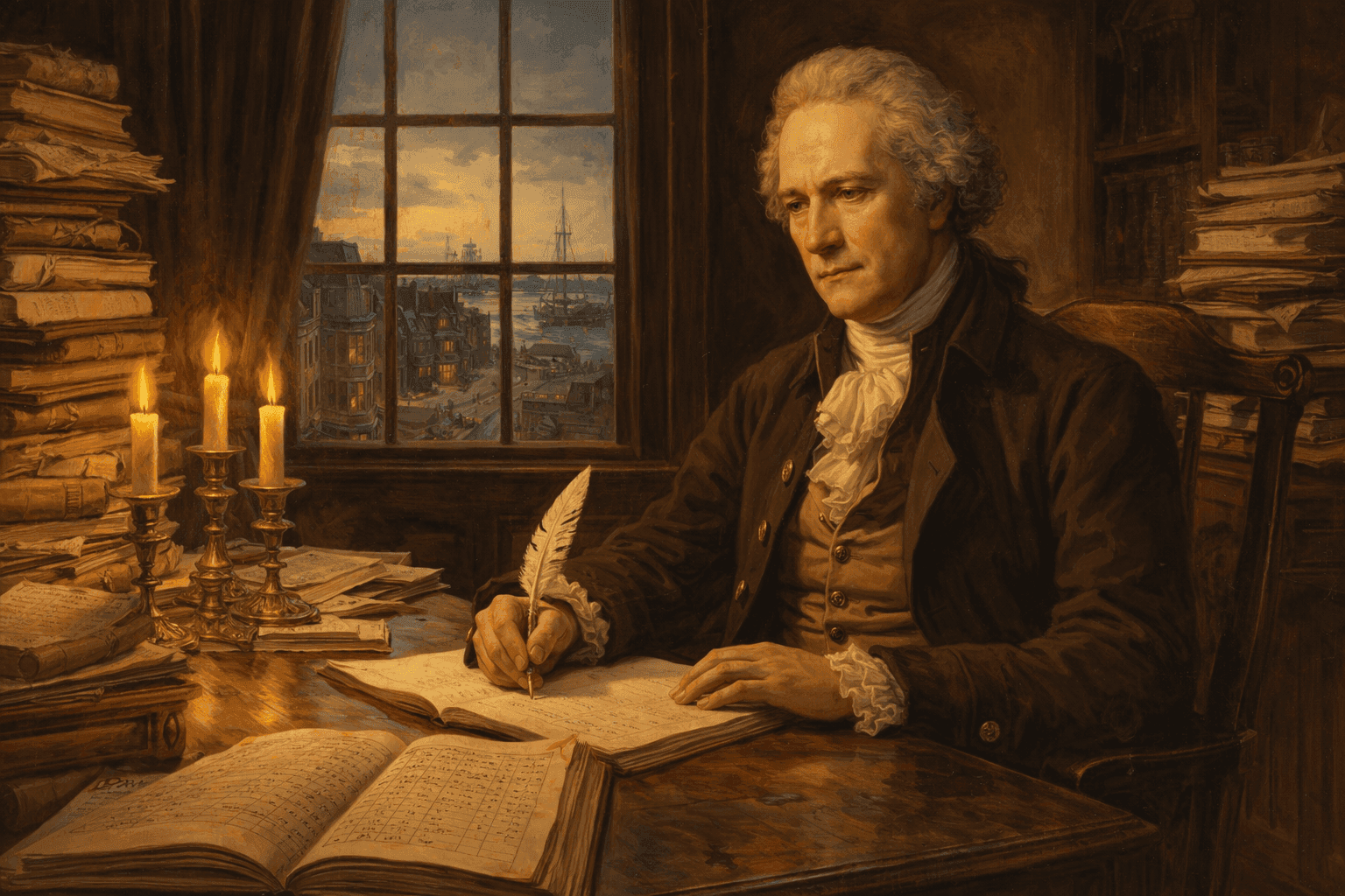 A portrait-style painting of Alexander Hamilton at a large wooden desk covered with ledgers and documents, quill in hand, with an American flag and a view of a young city visible through a window behind him