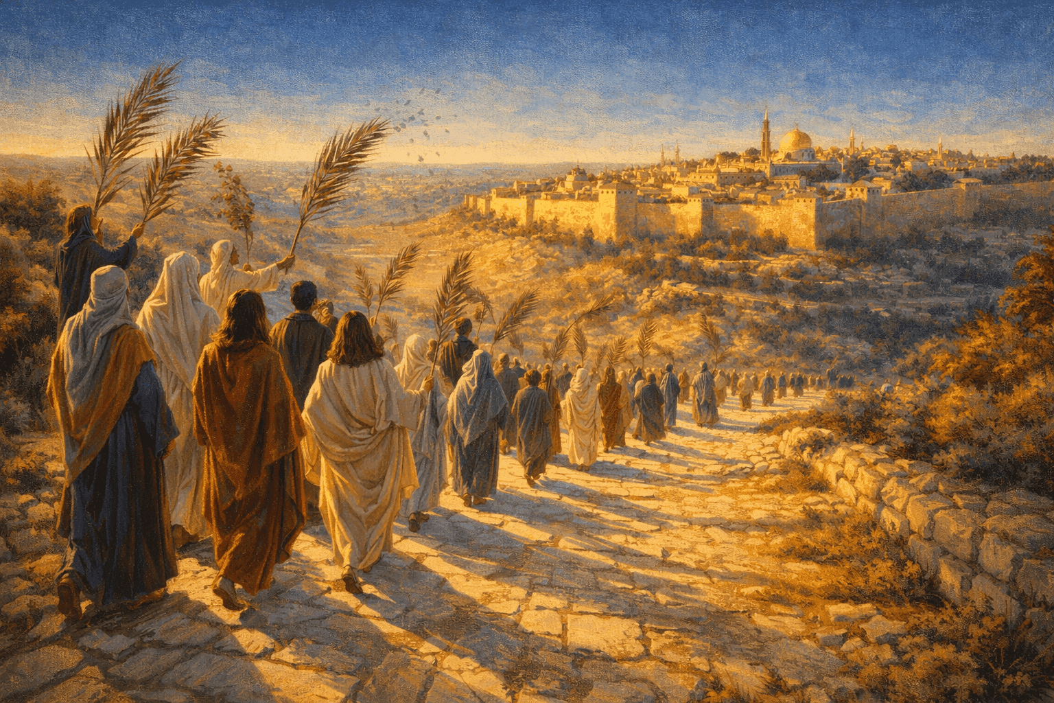 A procession of worshippers carrying palm branches along an ancient stone road descending from the Mount of Olives toward Jerusalem, the golden dome of the city visible in the distance