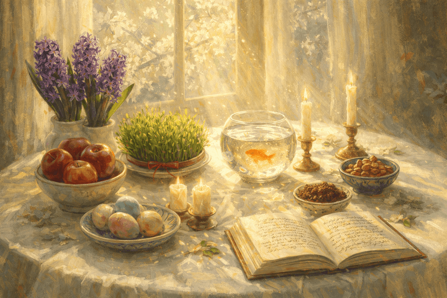 A beautifully arranged Haft-Sin table with seven symbolic items including wheat sprouts, candles, hyacinths, painted eggs, and a goldfish bowl, bathed in warm spring light