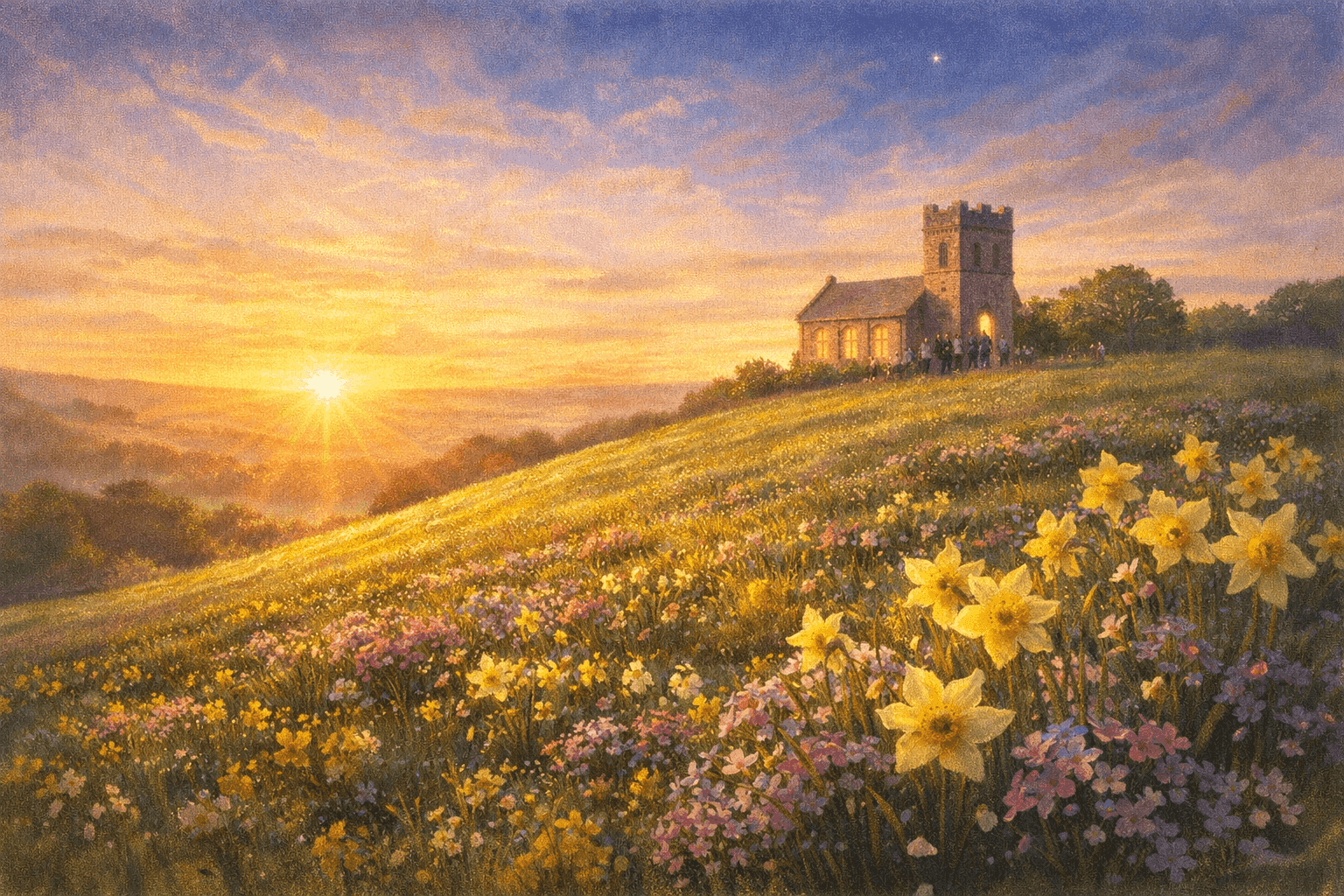 A sunrise Easter scene with golden morning light streaming across an open hillside covered in wildflowers, an ancient stone church visible in the middle distance