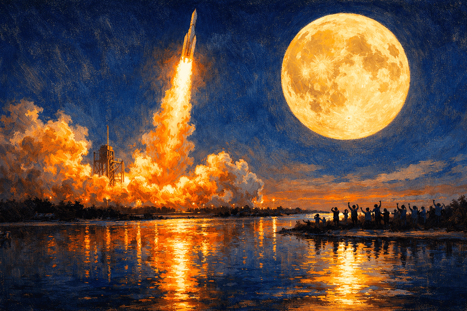NASA's Space Launch System rocket blazing into the evening sky on a column of fire, with the Full Moon visible in the background and the launch pad's reflection shimmering in the water below