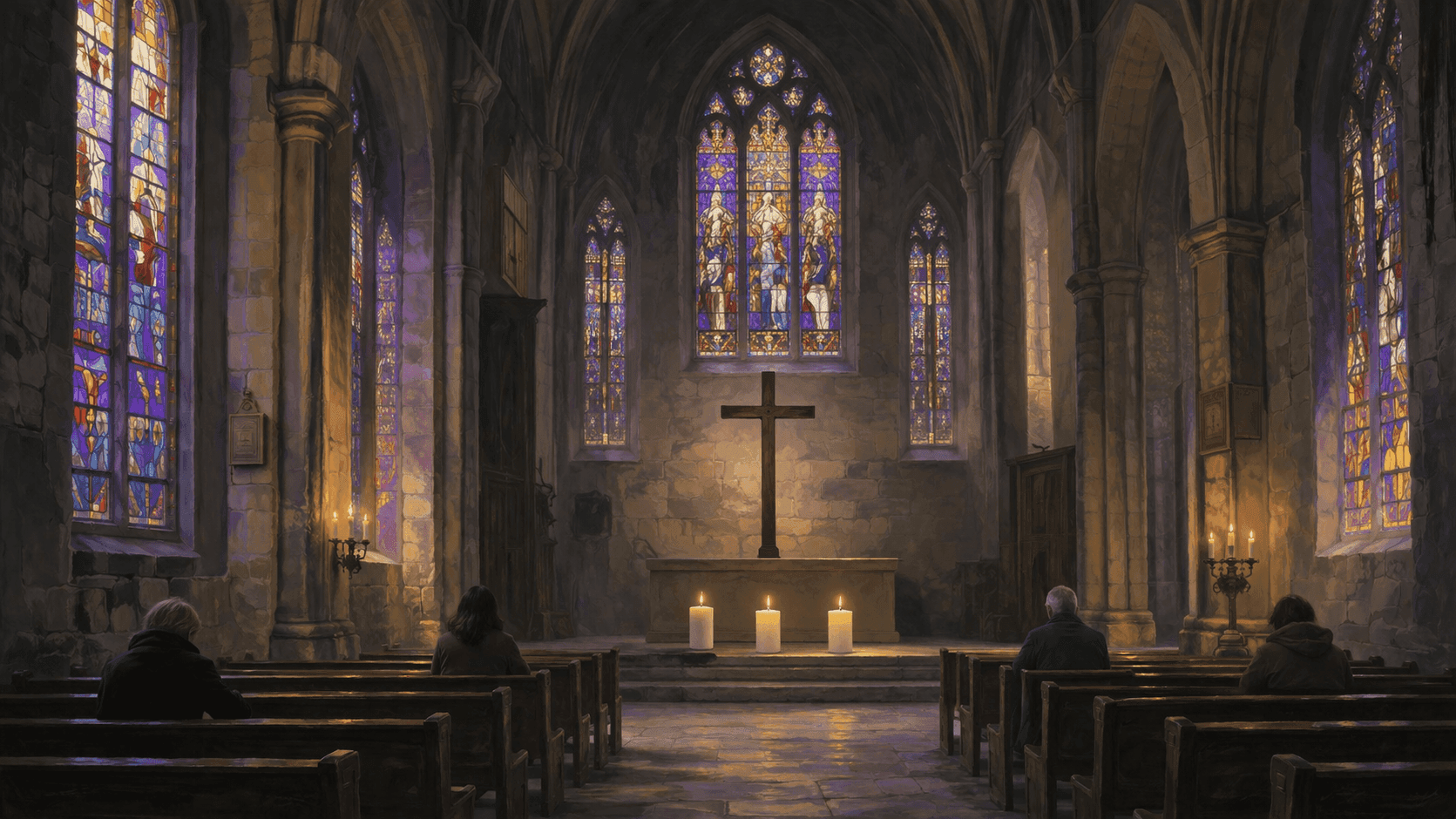 A dimly lit stone church interior on Good Friday, with a single wooden cross at the front, candles burning low, and morning light filtering through tall stained glass windows in muted purples and golds