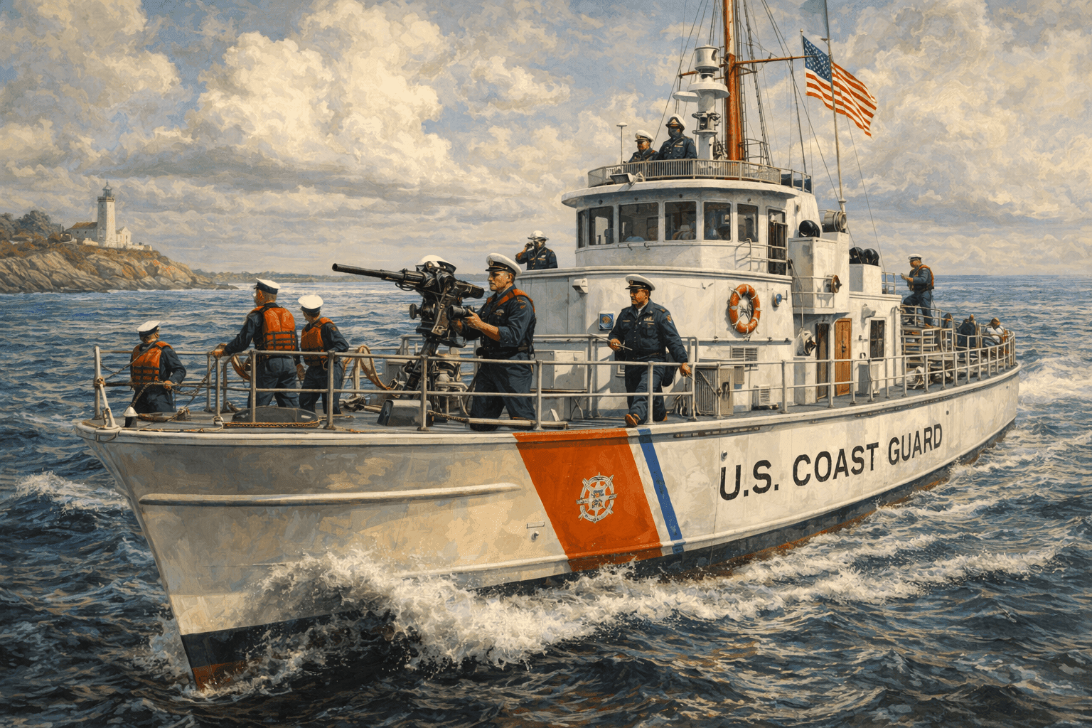 Coast Guard cutter vessel on patrol in American waters with crew members visible on deck