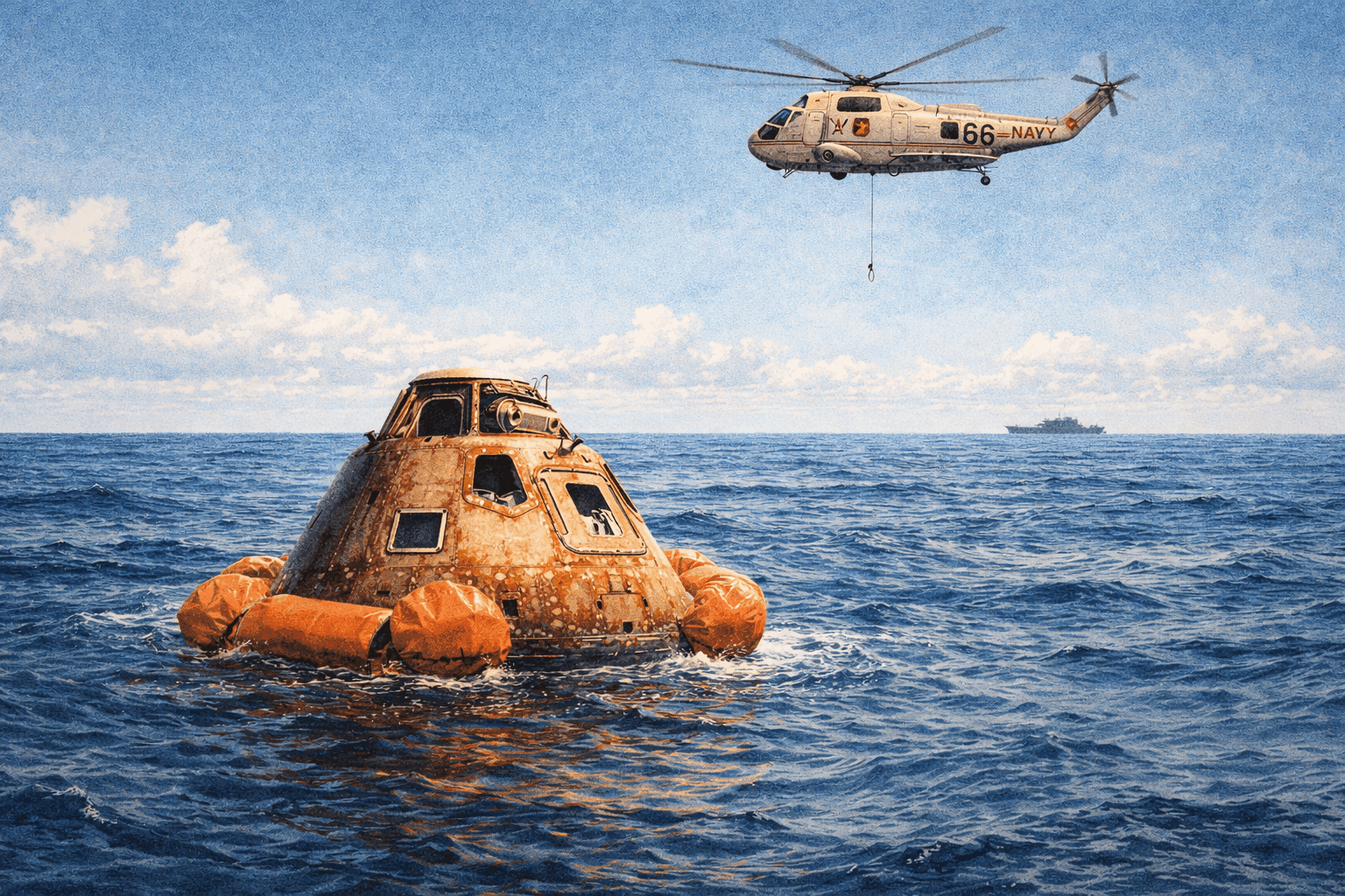 An Apollo command module floating in the Pacific Ocean attached to orange flotation devices with recovery helicopters overhead