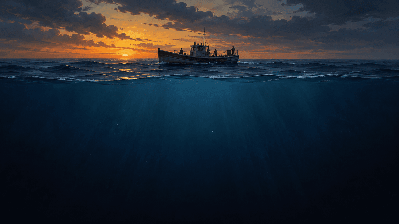 A dramatic ocean scene at dusk with a small boat silhouetted against a darkening sea, a large fin visible beneath the surface