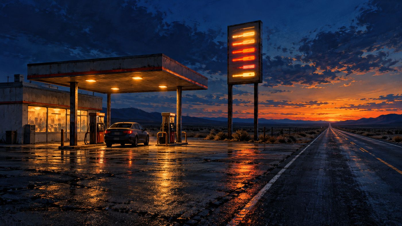 A gas station price sign glowing at dusk with a long line of cars at the pumps