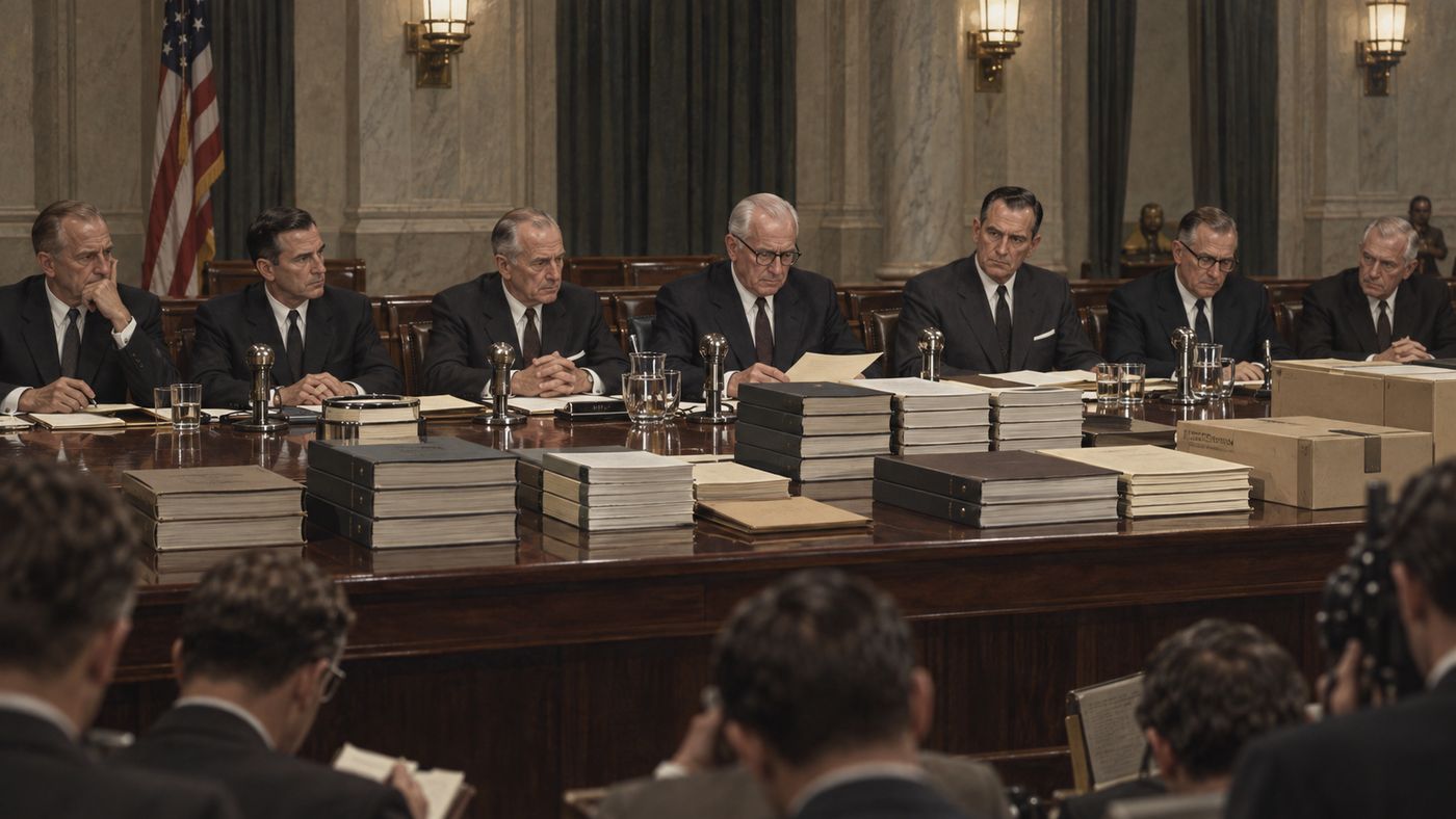 A formal government hearing room in Washington, a long table with officials seated behind it, stacks of documents and binders visible, the setting of a major investigative commission