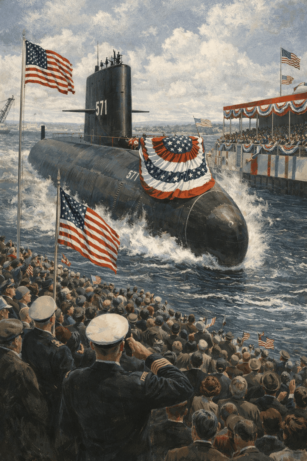 USS Nautilus nuclear submarine being launched with crowds watching the christening ceremony