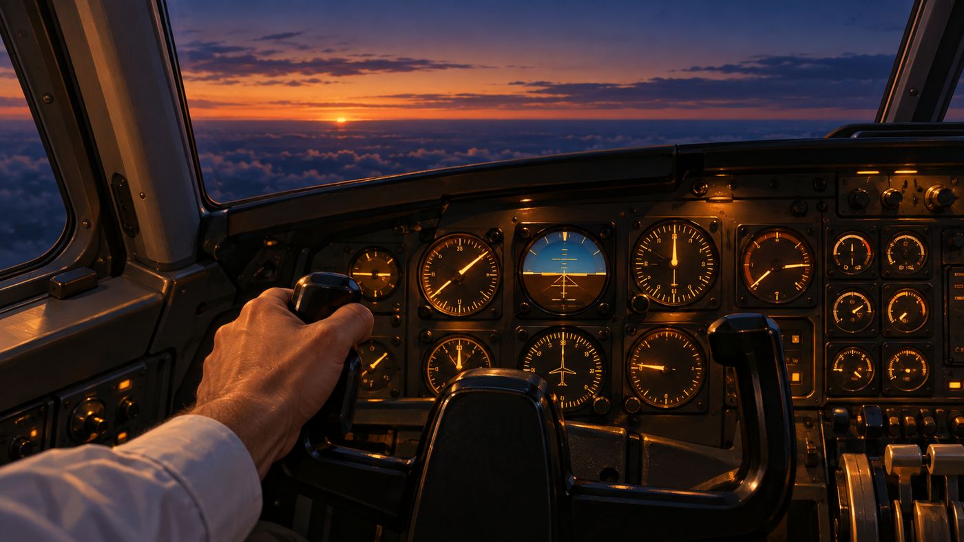 An airplane cockpit interior with warm instrument lighting, evoking a moment of crisis and control regained