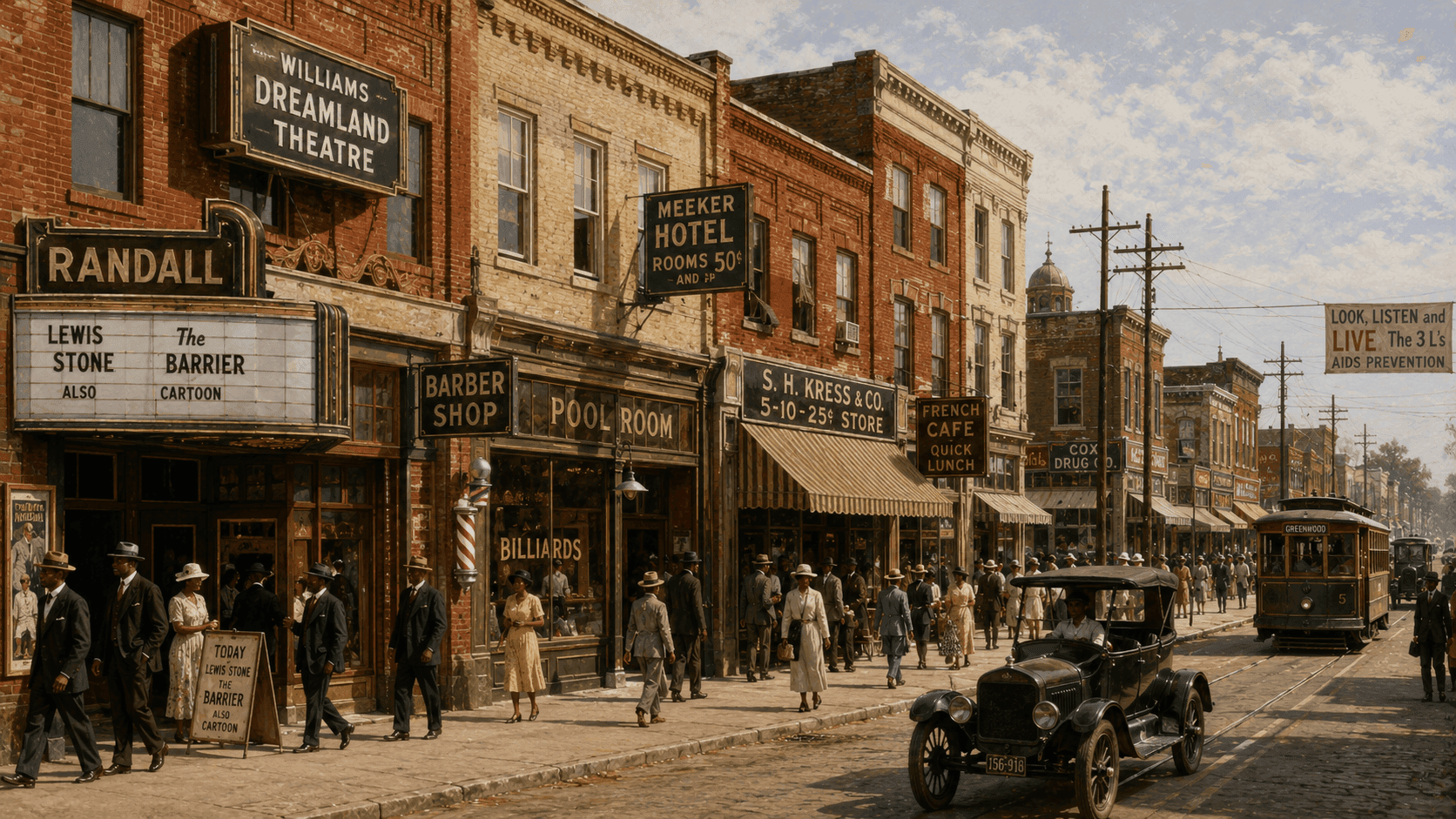 A thriving early 20th-century Black commercial district street with brick storefronts businesses and well-dressed pedestrians