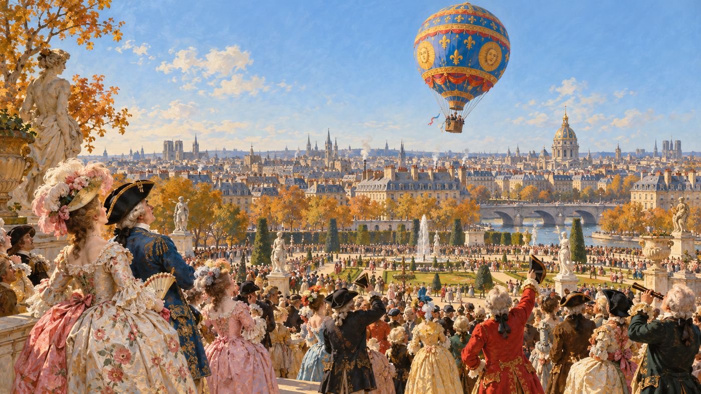 A painterly illustration of 18th-century Paris with a hot air balloon ascending above the rooftops — crowds of elegantly dressed Parisians in a park below watching the balloon rise, the city's distinctive architecture visible in all directions