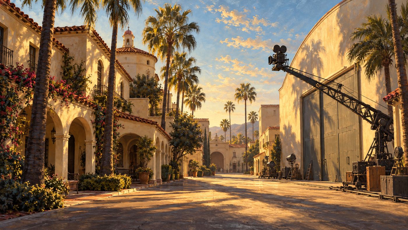 A painterly illustration of a classic Hollywood studio backlot in the golden age of cinema — Spanish colonial architecture, warm California light, a camera crane rising above a soundstage