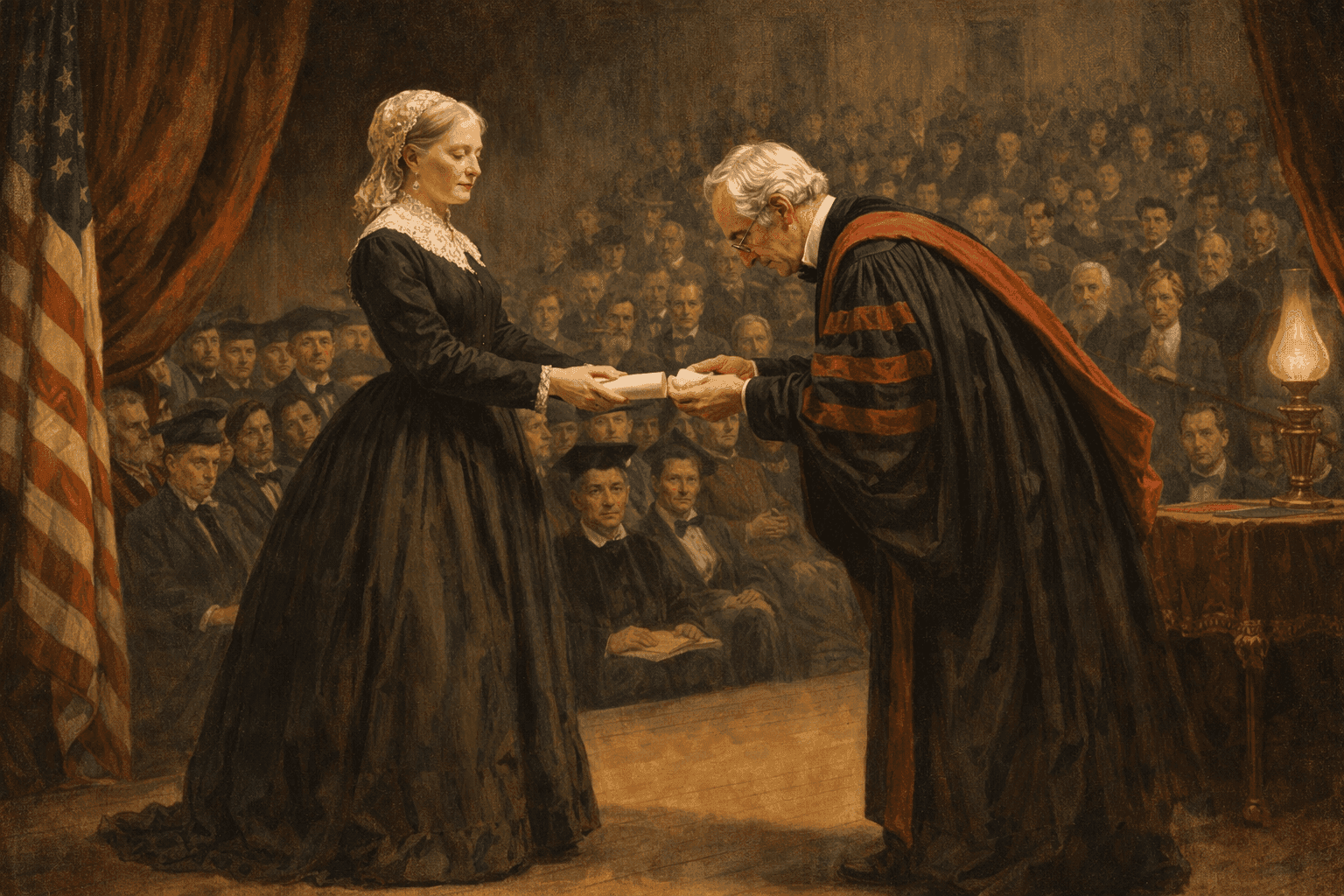 Elizabeth Blackwell in Victorian-era dress receiving her medical diploma at graduation ceremony with all-male audience